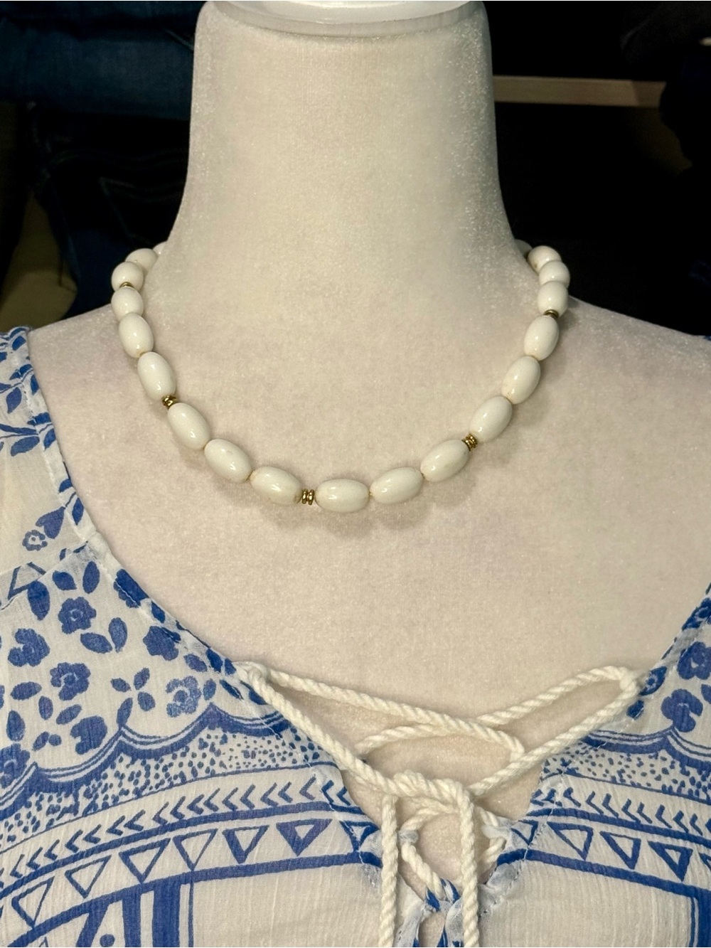 White Beaded Necklace with Gold Accents - Women's Jewelry